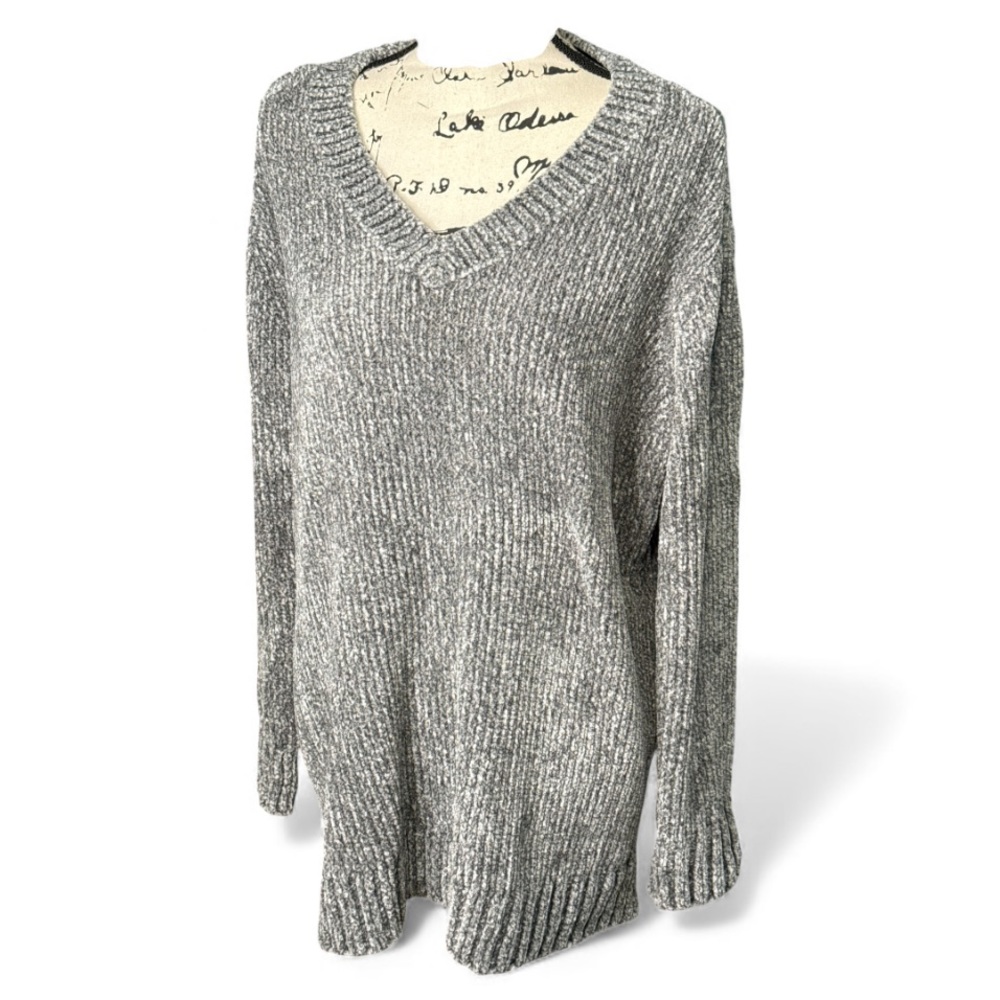 Oversized Gray Chenille Tweed V‑Neck Sweater • Lagenlook Layering • Women’s XL
